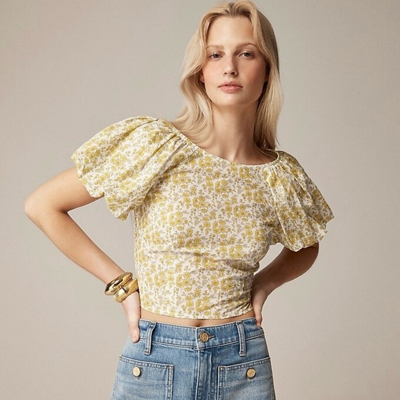 J. Crew Liberty of London Retro Yellow Floral Puff Sleeve Blouse, Size 2 - Picture 1 of 14